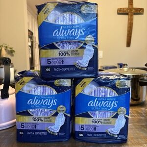THREE PACKS Always Ultra Thin SIZE 5 Extra Heavy Overnight 46ct = 138 Total NEW